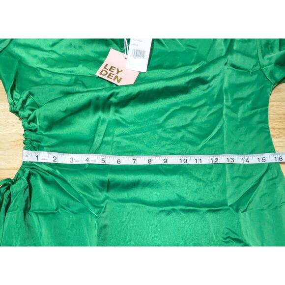 Leyden Satin Mini Dress Womens Size Large / L Side Tie Cutout Long Sleeve Green - Picture 3 of 14